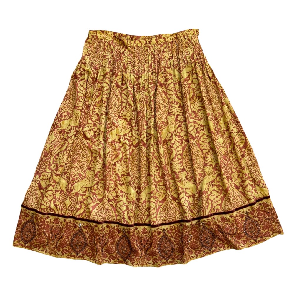 Soft Surroundings Womens Gold Rust Damask Paisley Sequin Velvet Trim‎ Midi Skirt